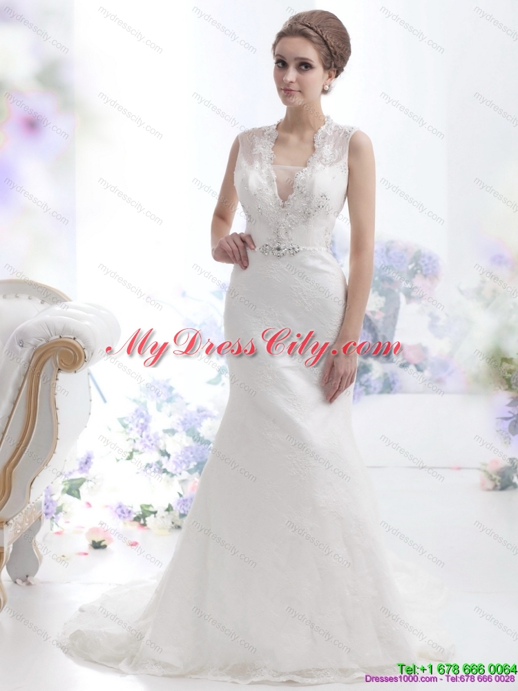 2015 Pretty Mermaid Beading Wedding Dress with Brush Train