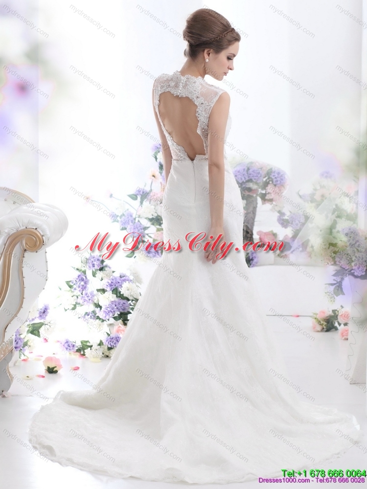 2015 Pretty Mermaid Beading Wedding Dress with Brush Train