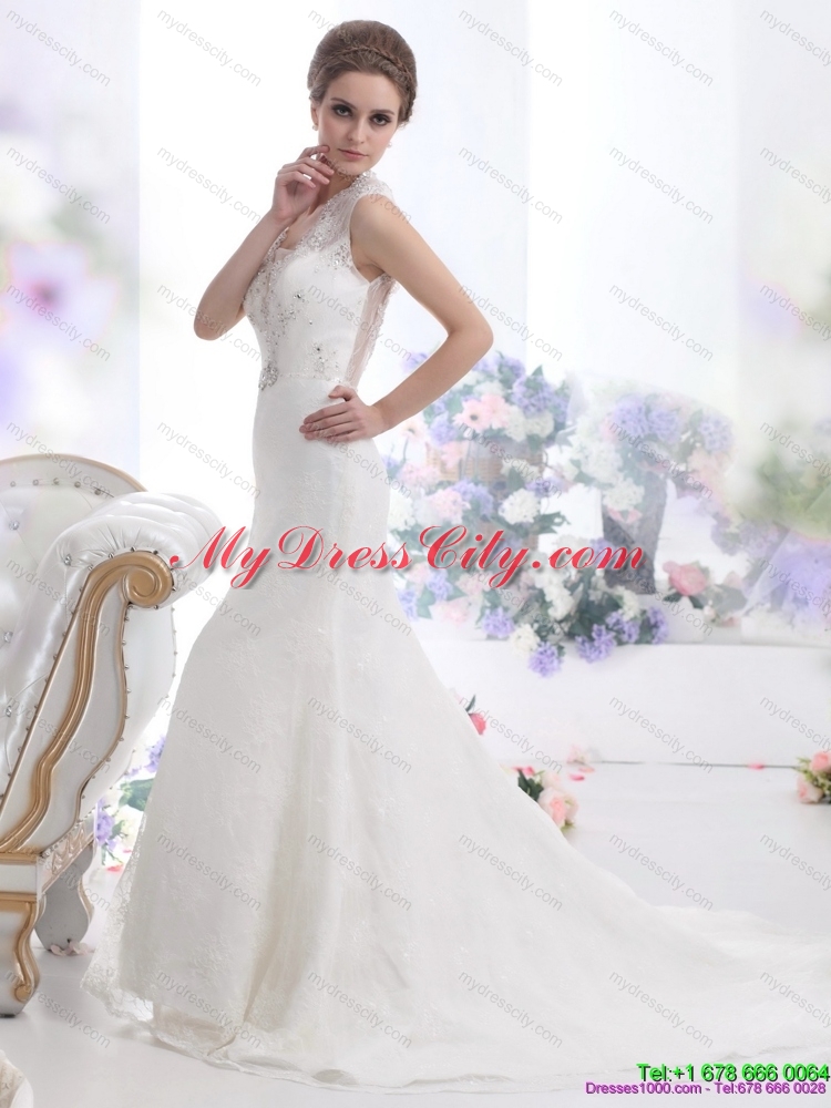 2015 Pretty Mermaid Beading Wedding Dress with Brush Train