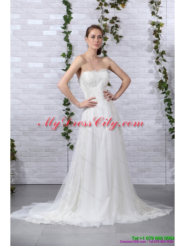 2015 Pretty Ruffled White Strapless Wedding Gowns with Brush Train