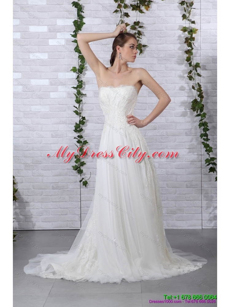 2015 Pretty Ruffled White Strapless Wedding Gowns with Brush Train