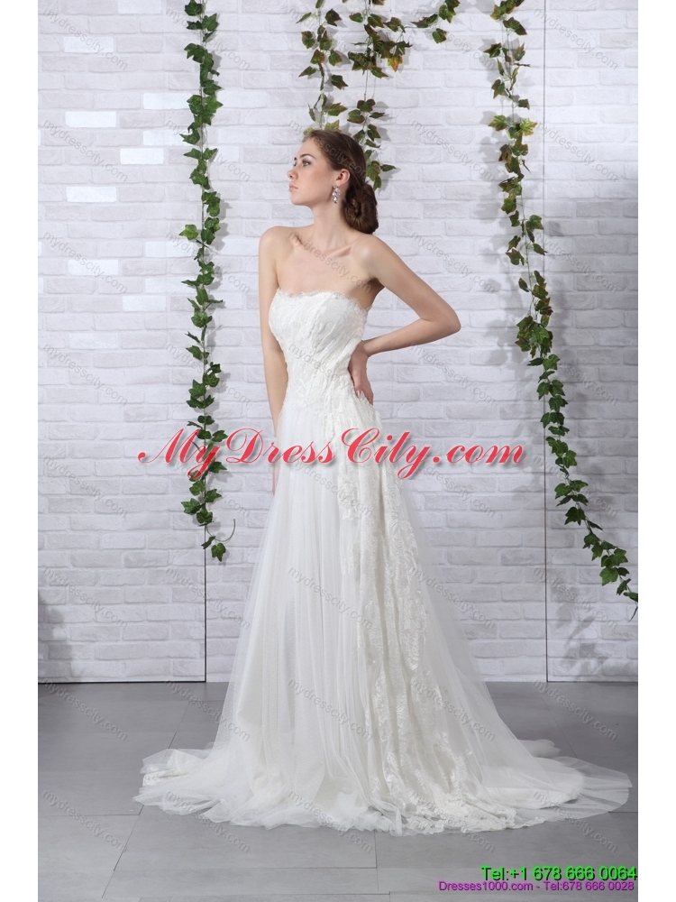 2015 Pretty Ruffled White Strapless Wedding Gowns with Brush Train