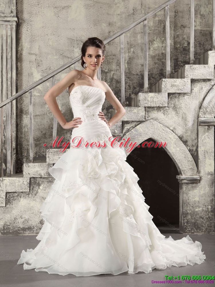 2015 Pretty White Strapless Bridal Gowns with  Brush Train and Ruffles