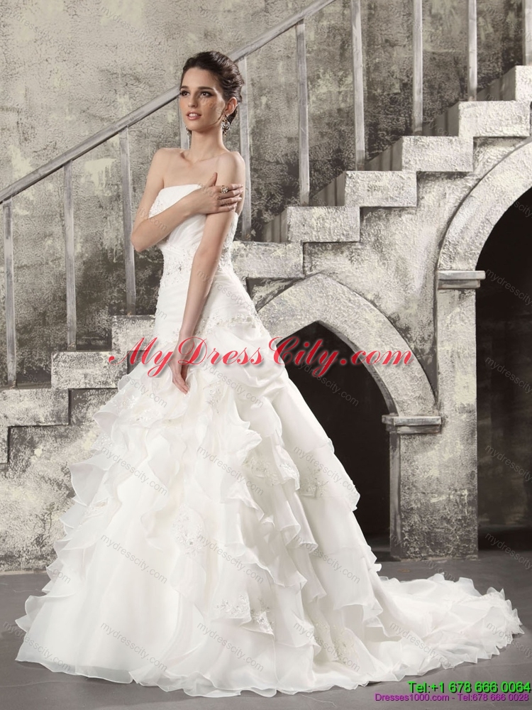 2015 Pretty White Strapless Bridal Gowns with  Brush Train and Ruffles