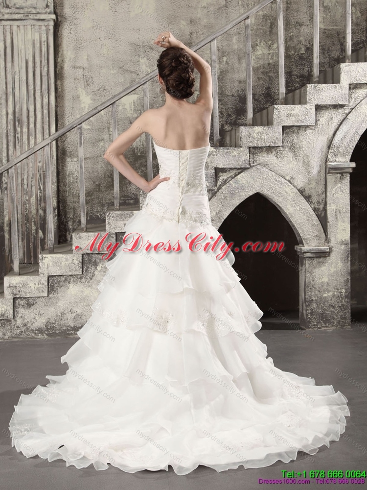 2015 Pretty White Strapless Bridal Gowns with  Brush Train and Ruffles