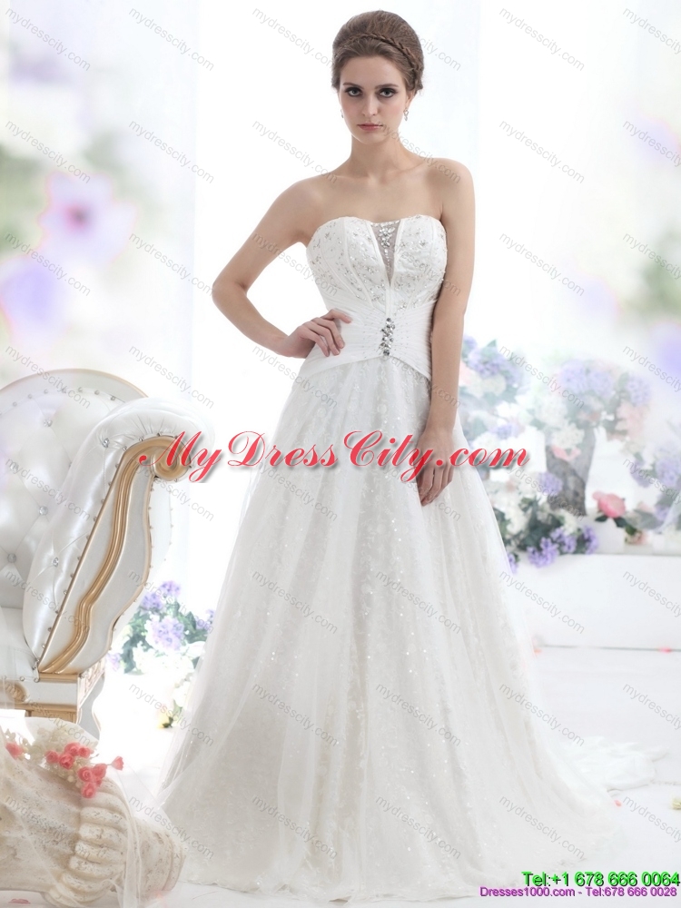 2015 Unique Sequines White Wedding Dresses with Chapel Train