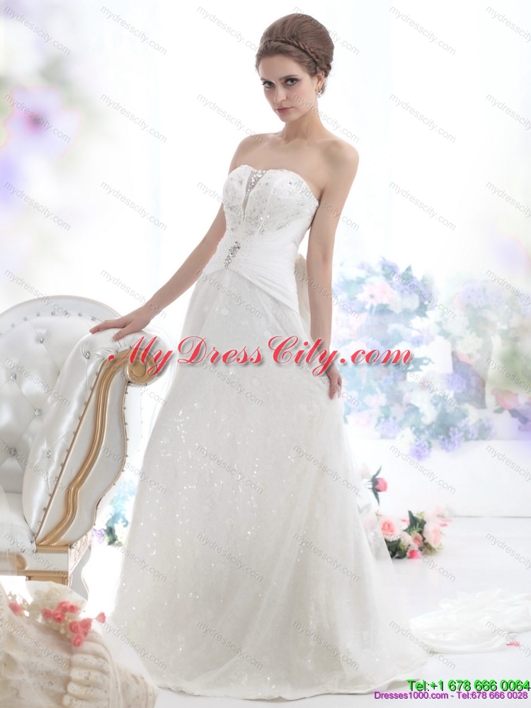 2015 Unique Sequines White Wedding Dresses with Chapel Train