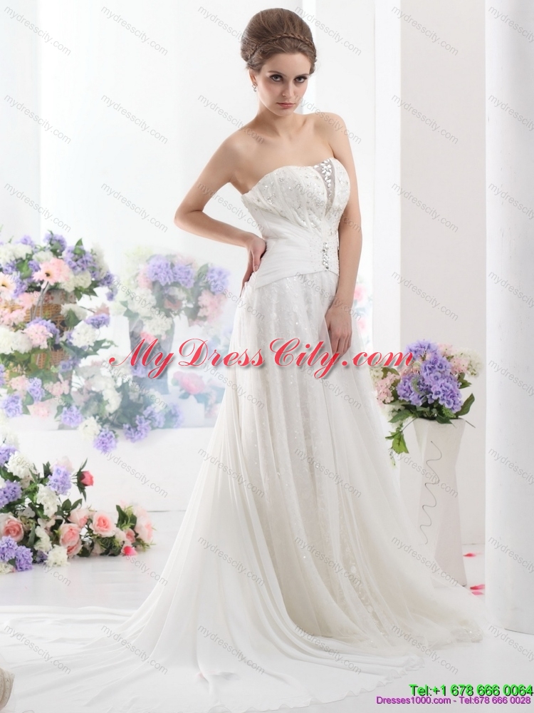 2015 Unique Sequines White Wedding Dresses with Chapel Train