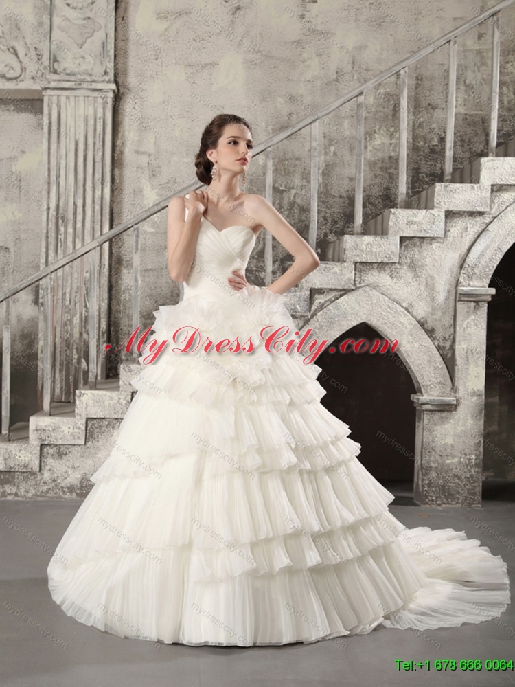 2015 White One Shoulder Chapel Train Wedding Dresses with Ruffled Layers