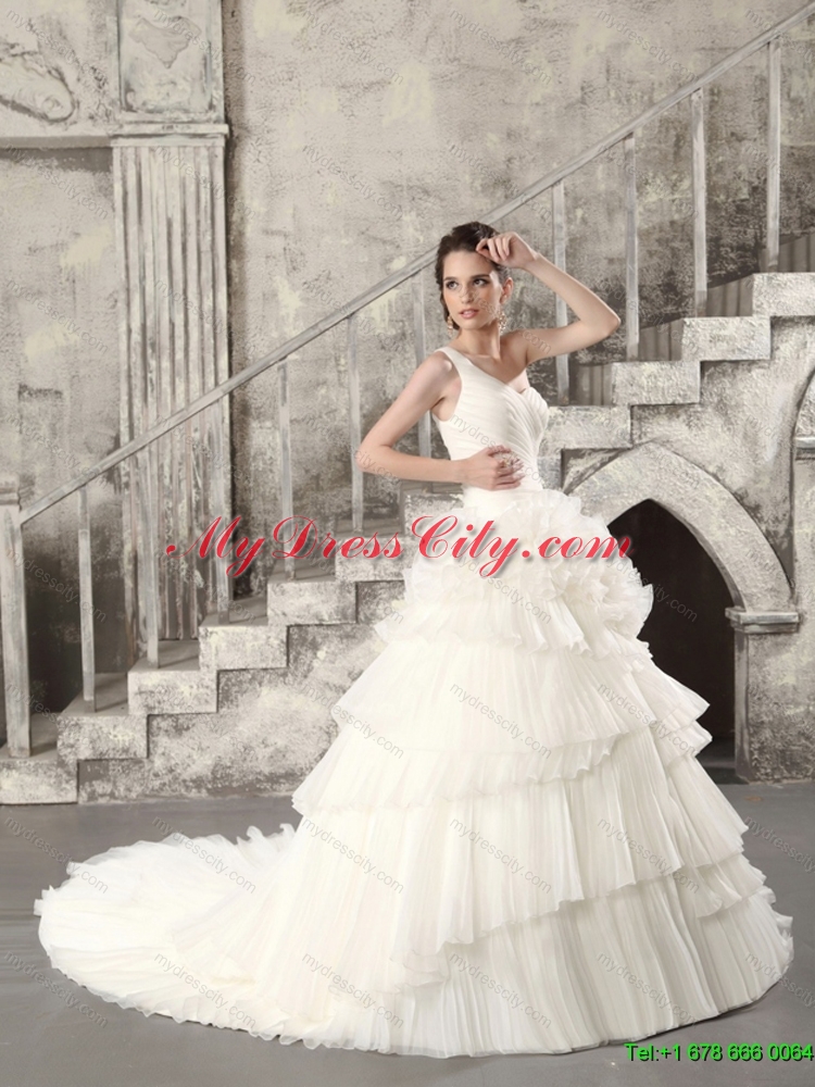 2015 White One Shoulder Chapel Train Wedding Dresses with Ruffled Layers