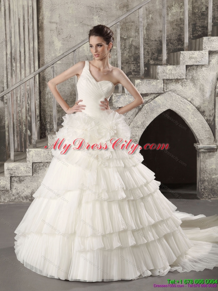 2015 White One Shoulder Chapel Train Wedding Dresses with Ruffled Layers