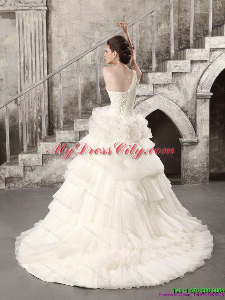 2015 White One Shoulder Chapel Train Wedding Dresses with Ruffled Layers