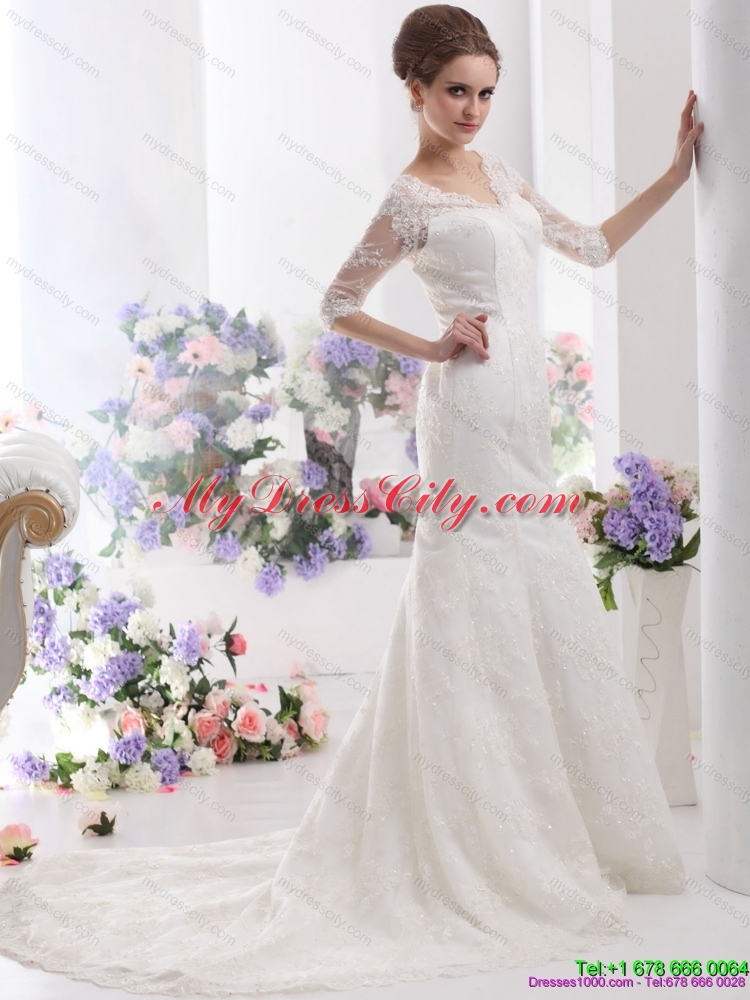 2015 White V Neck Lace Wedding Dresses with  Brush Train and Half Sleeves