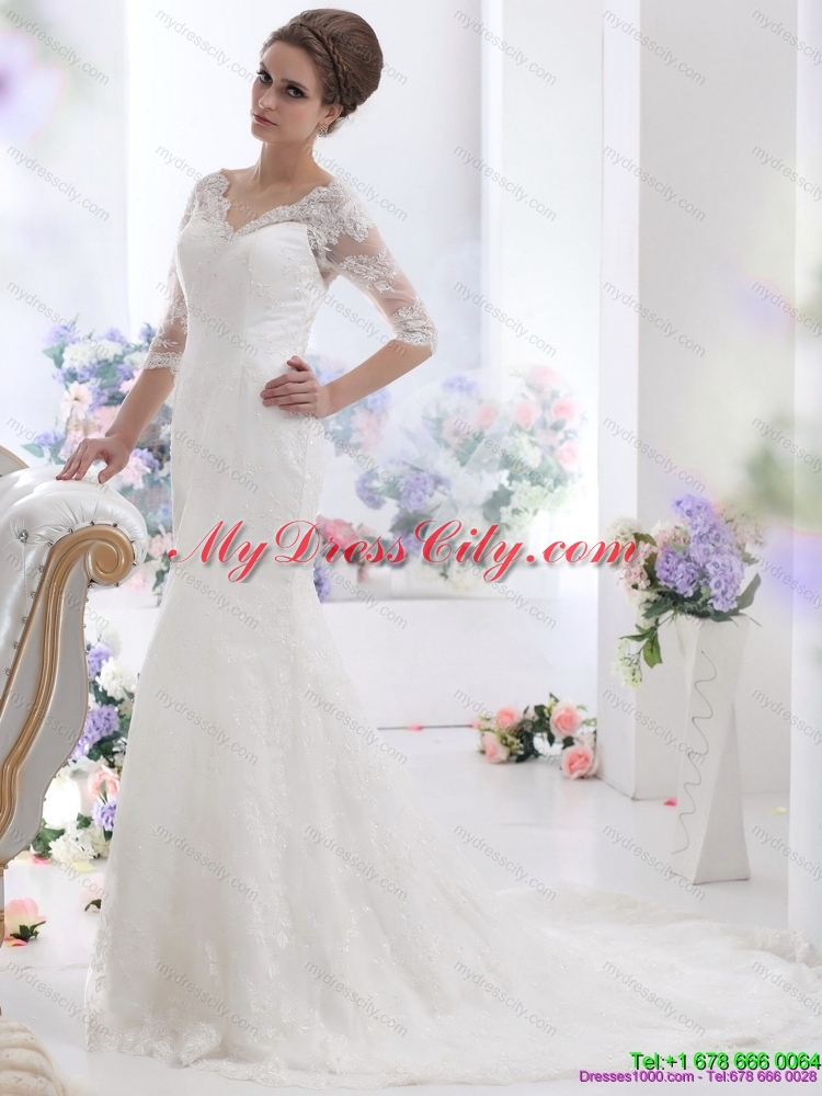 2015 White V Neck Lace Wedding Dresses with  Brush Train and Half Sleeves