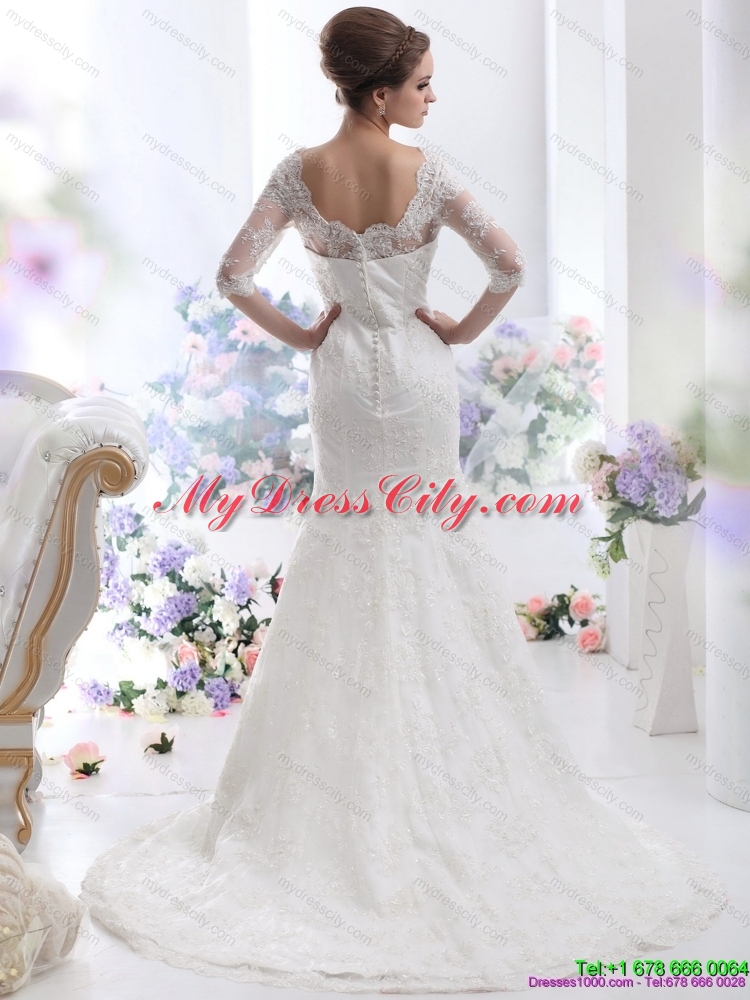 2015 White V Neck Lace Wedding Dresses with  Brush Train and Half Sleeves