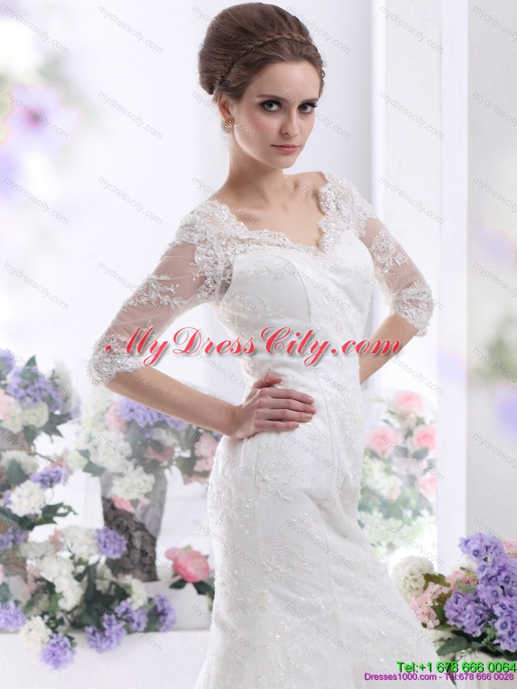 2015 White V Neck Lace Wedding Dresses with  Brush Train and Half Sleeves