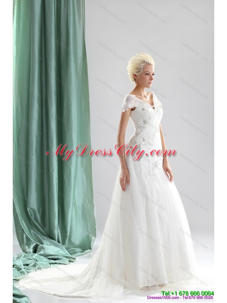 Brand New 2015 Beading and Lace Wedding Dress with Court Train