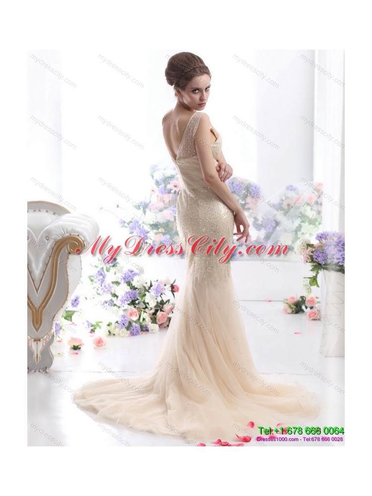 Gorgeous 2015 Beteau Champagne Wedding Dress with Sequins