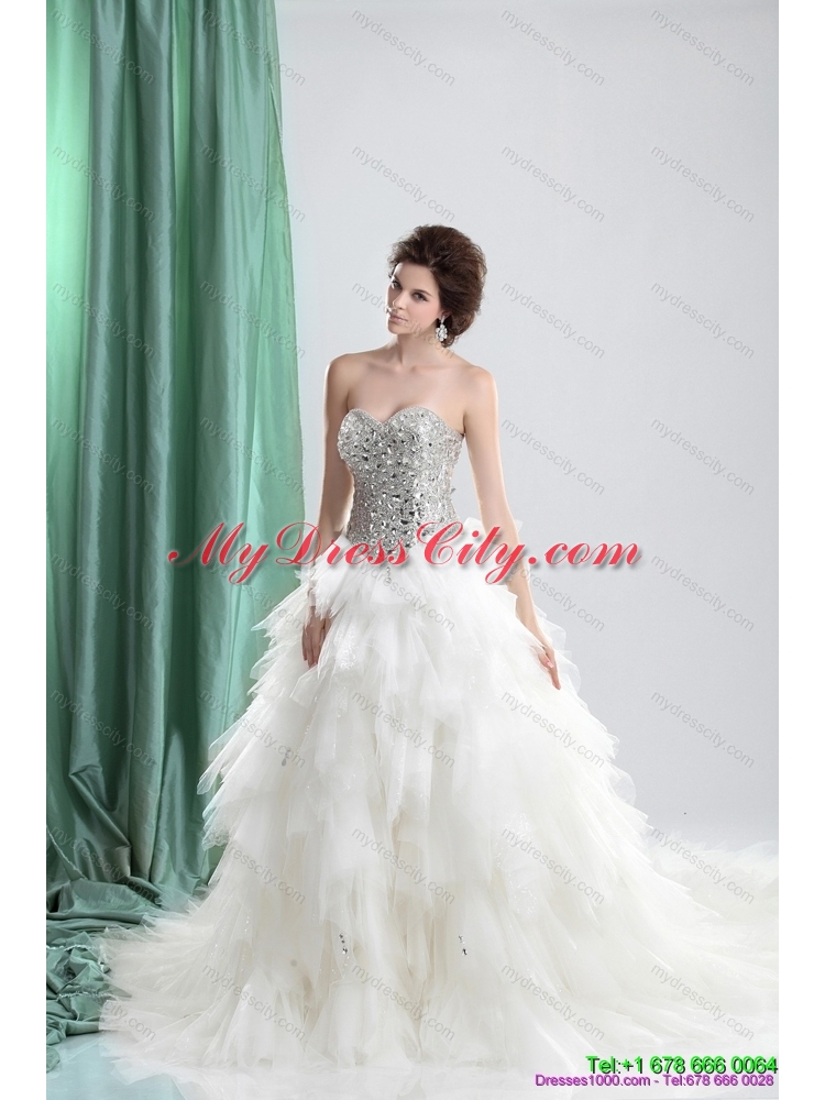 Maternity Sweetheart Rhinestones Wedding Dresses with Chapel Train and Ruffles