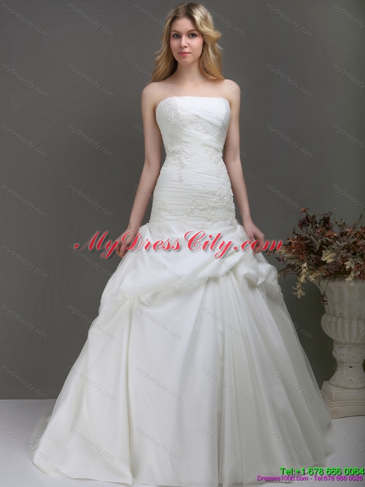 New Style Strapless Wedding Dress with Ruching and Lace for 2015