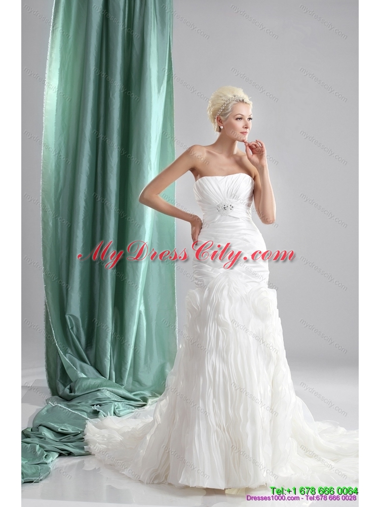 Pleated Sequined White Wedding Dresses with Chapel Train