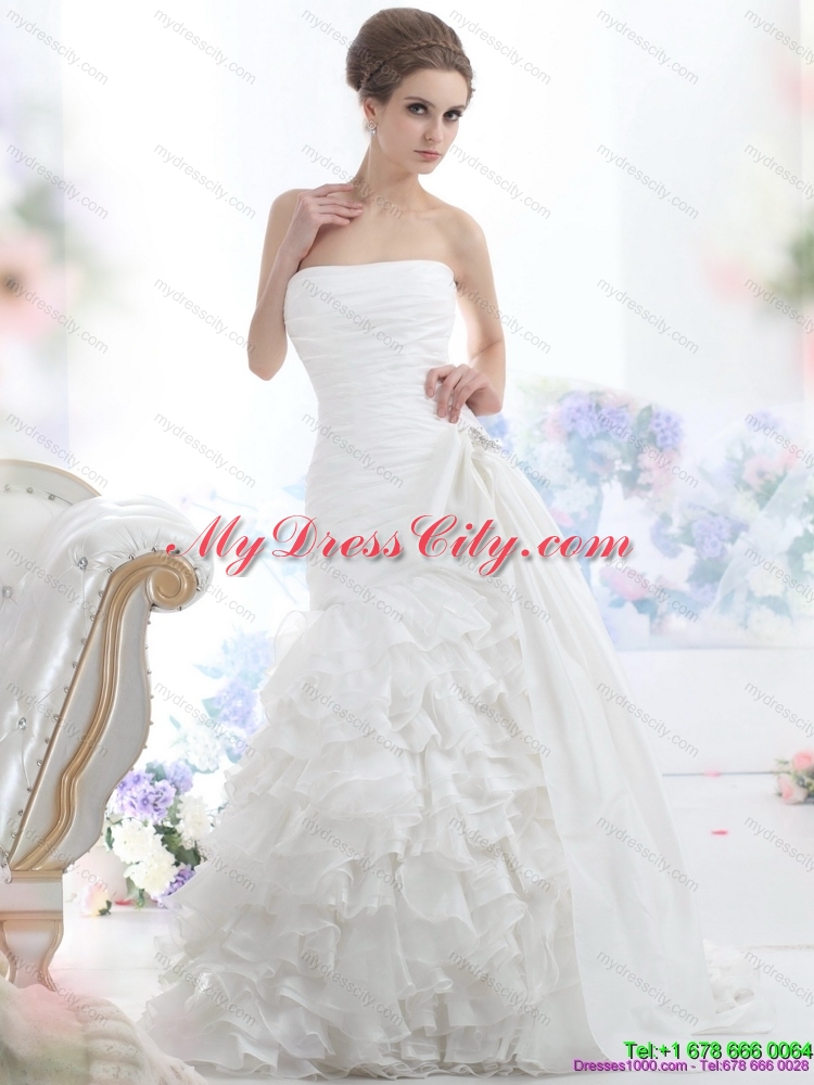 Pretty White Strapless Bridal Gowns with Ruffled Layers and Brush Train