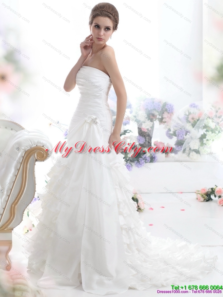 Pretty White Strapless Bridal Gowns with Ruffled Layers and Brush Train