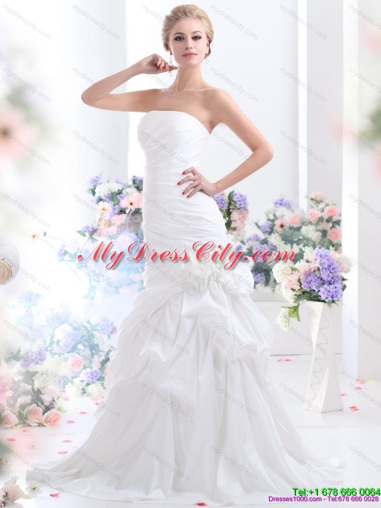 Ruffles Strapless White Bridal Gowns with Hand Made Flower