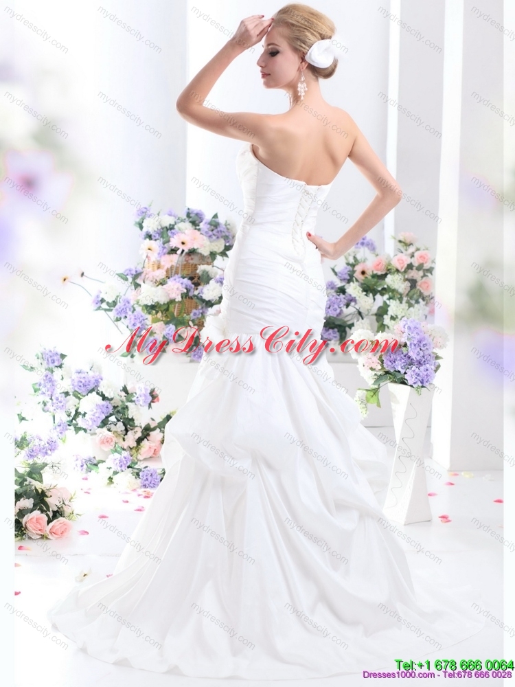 Ruffles Strapless White Bridal Gowns with Hand Made Flower