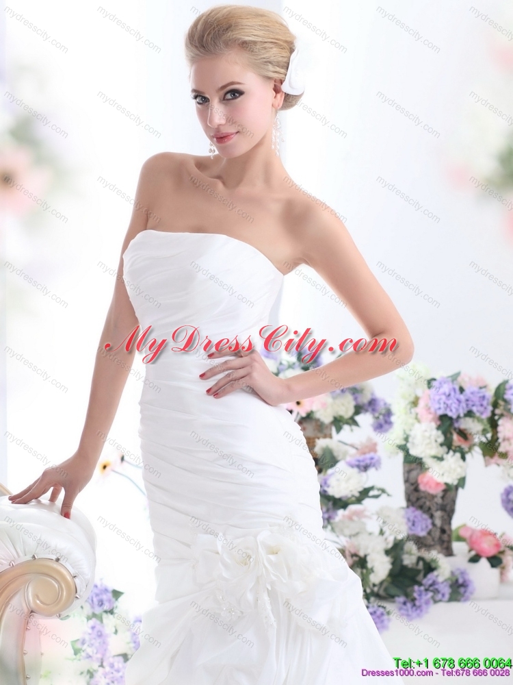 Ruffles Strapless White Bridal Gowns with Hand Made Flower