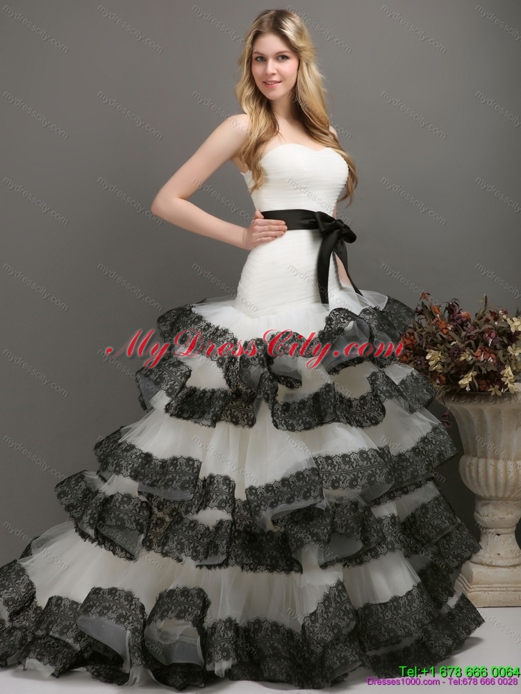 Sash and Lace Strapless 2015 colored Wedding Dresses in White and Black