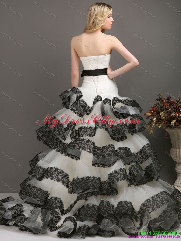 Sash and Lace Strapless 2015 colored Wedding Dresses in White and Black