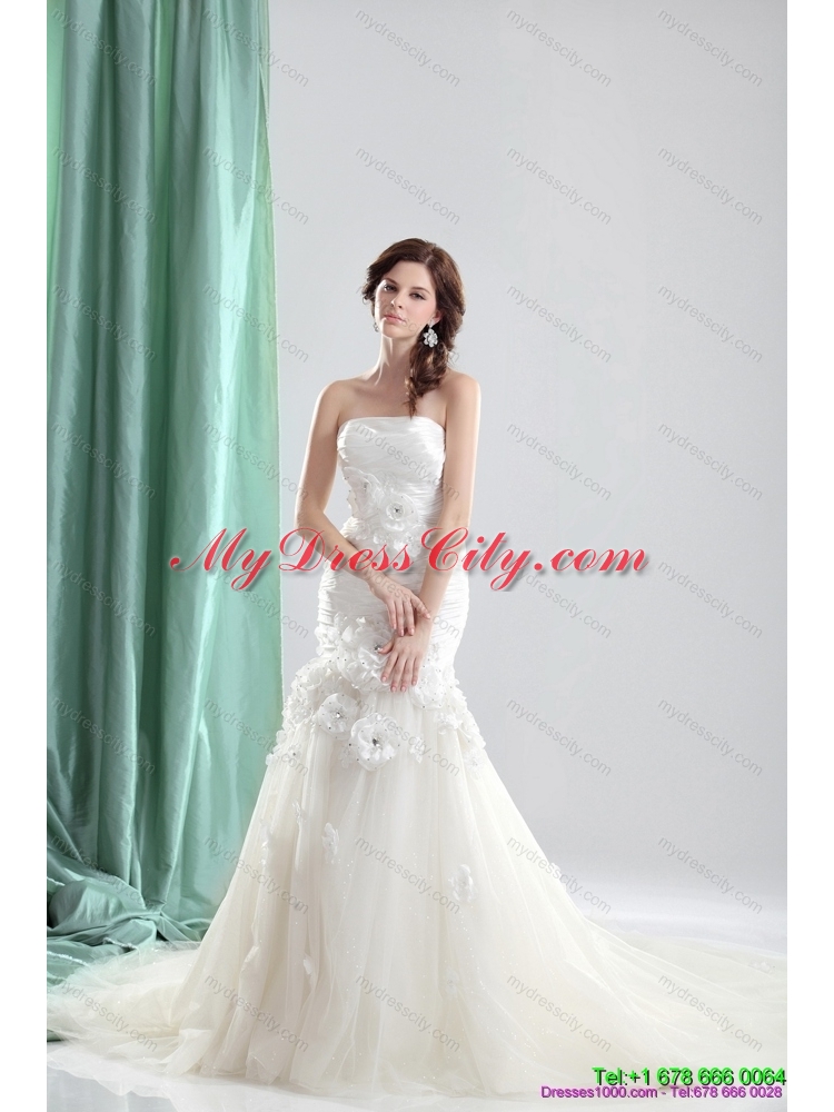 White Chapel Train Strapless Wedding Dresses with Ruching and Hand Made Flowers