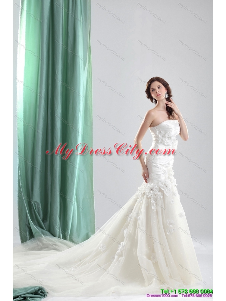 White Chapel Train Strapless Wedding Dresses with Ruching and Hand Made Flowers