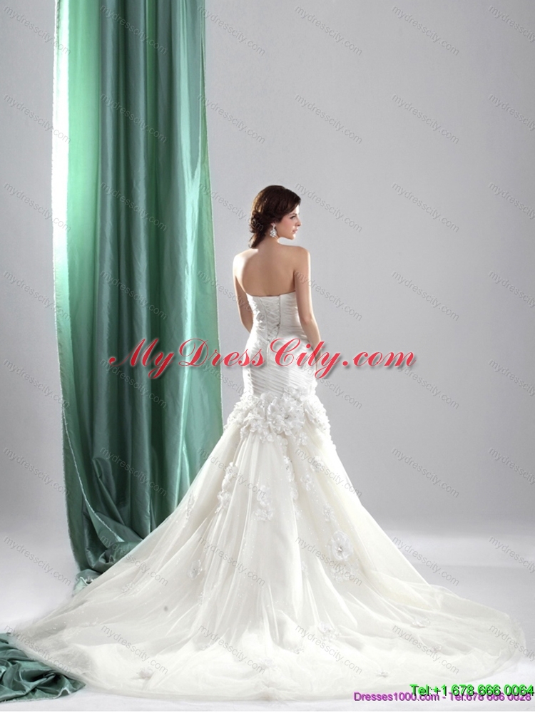 White Chapel Train Strapless Wedding Dresses with Ruching and Hand Made Flowers