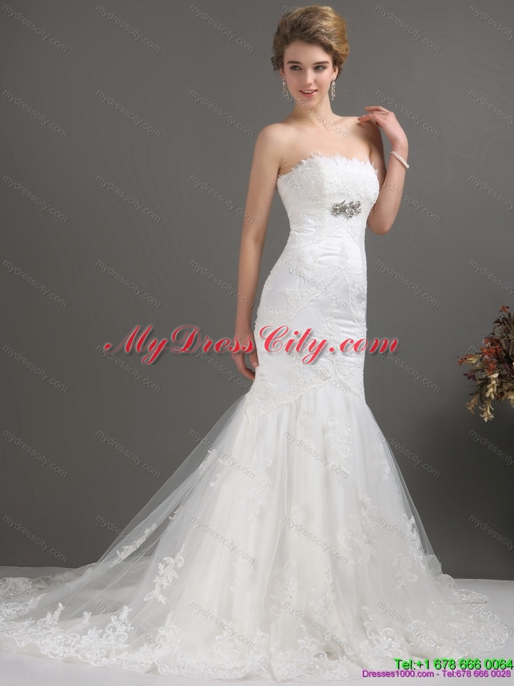 White Strapless Lace Wedding Dresses with Beading and Brush Train