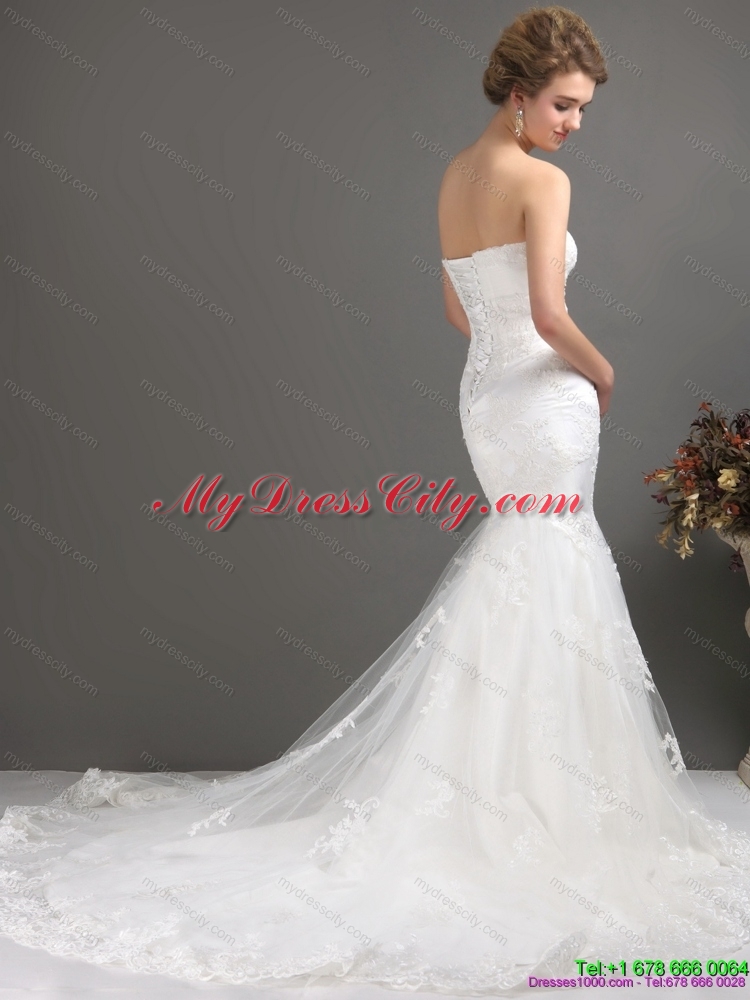 White Strapless Lace Wedding Dresses with Beading and Brush Train