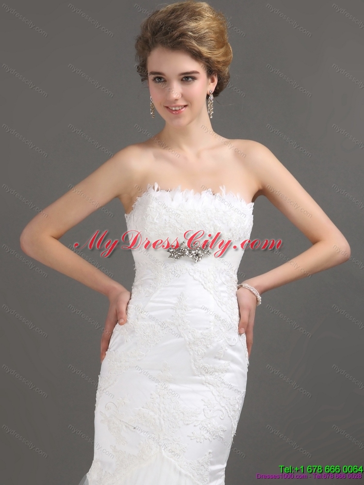 White Strapless Lace Wedding Dresses with Beading and Brush Train