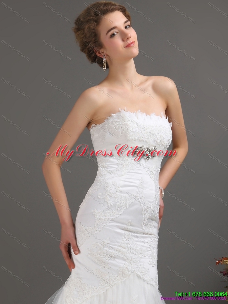 White Strapless Lace Wedding Dresses with Beading and Brush Train