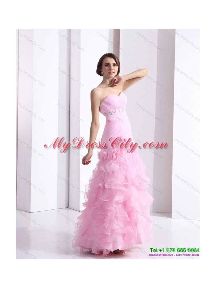 Baby Pink Sweetheart Ruching colored Wedding Dresses with Ruffles and Beading