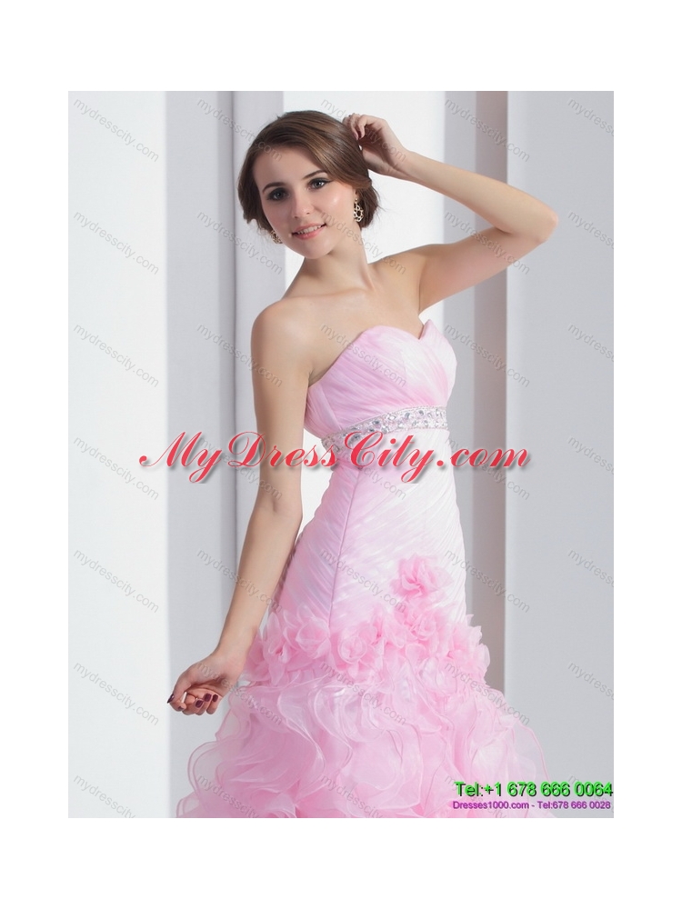 Baby Pink Sweetheart Ruching colored Wedding Dresses with Ruffles and Beading