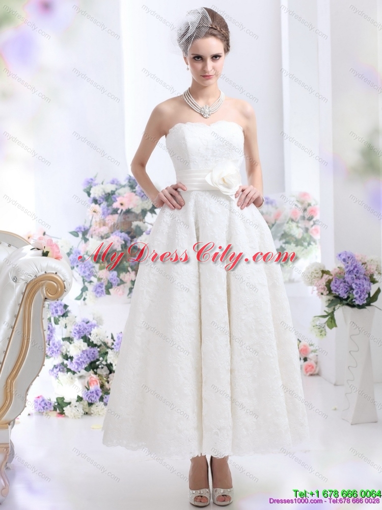 Brand New Strapless Ankle length colored Wedding Dress with Hand Made Flowers