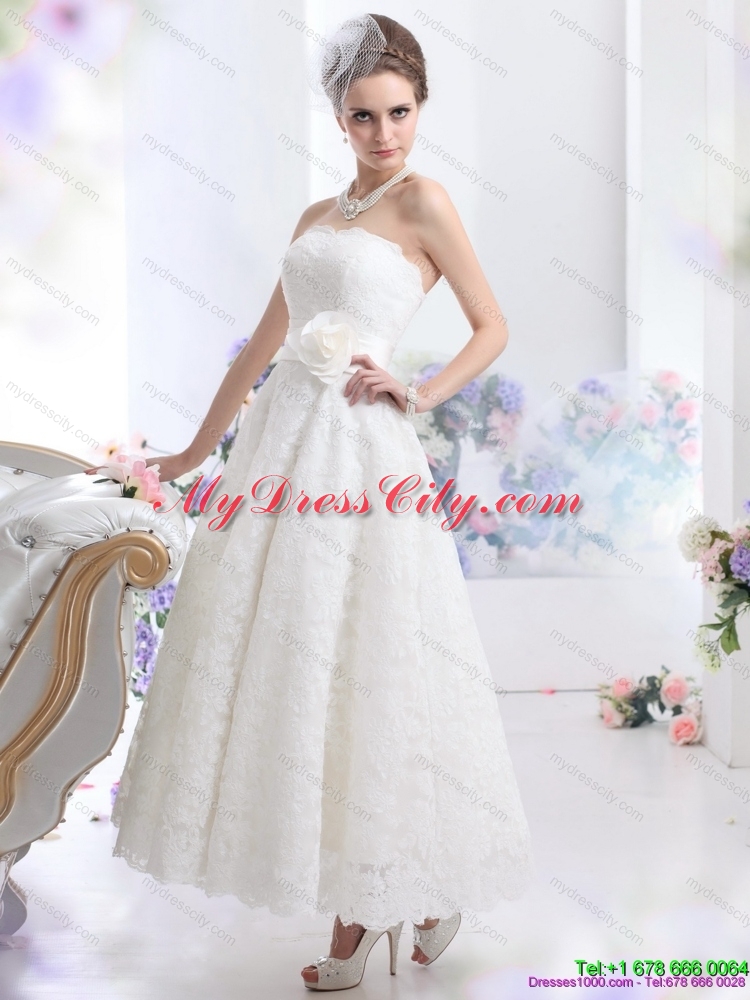 Brand New Strapless Ankle length colored Wedding Dress with Hand Made Flowers