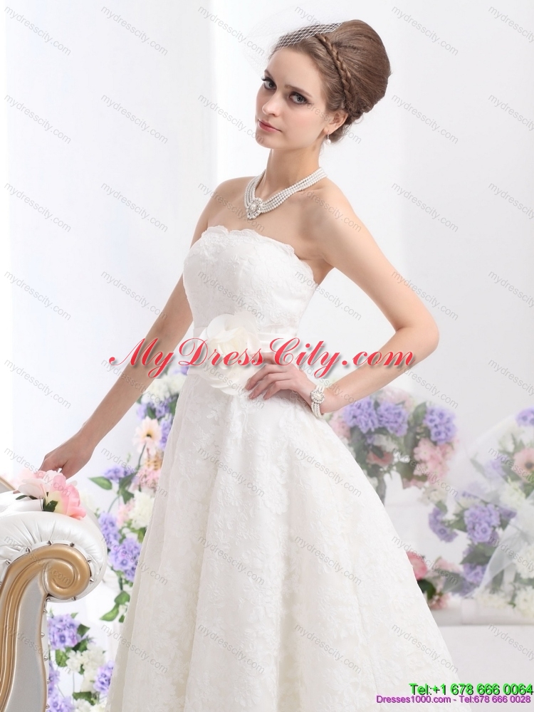 Brand New Strapless Ankle length colored Wedding Dress with Hand Made Flowers