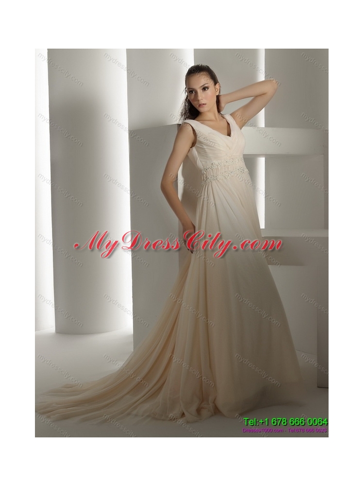 Cheap Ruffles and Beading White chiffon Wedding Dresses with Brush Train