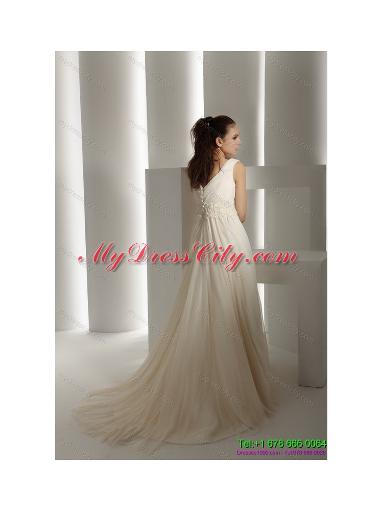 Cheap Ruffles and Beading White chiffon Wedding Dresses with Brush Train