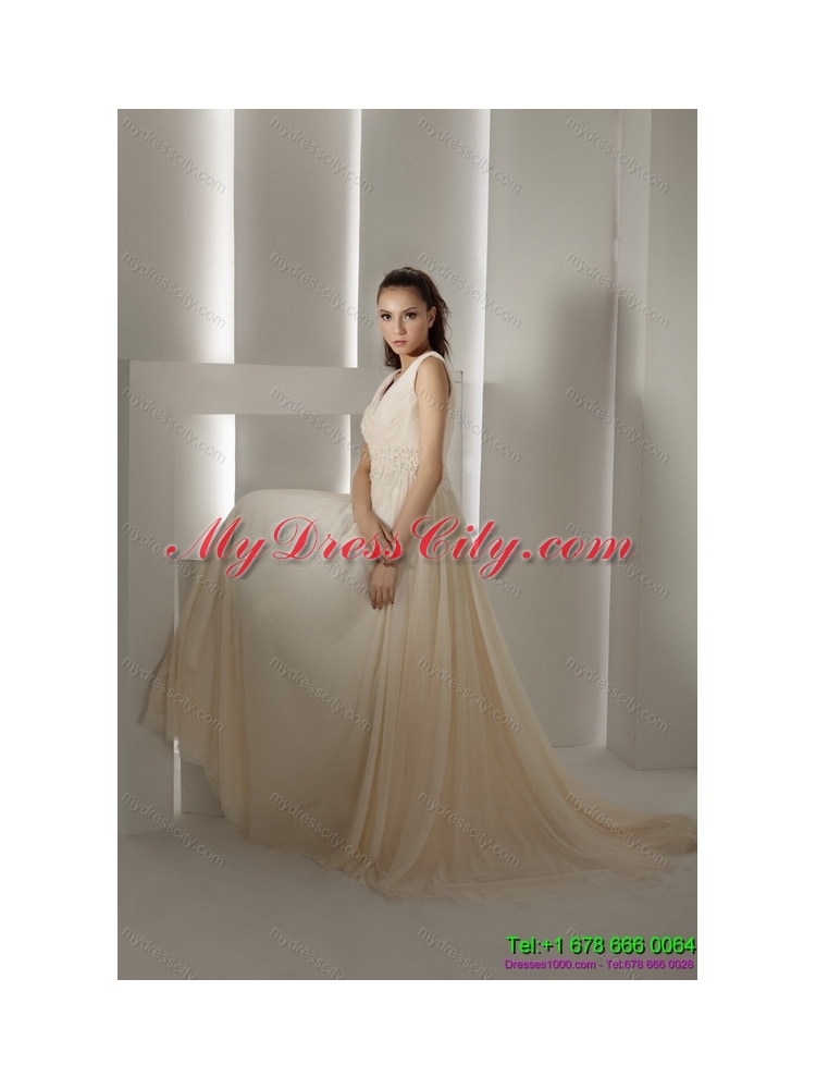 Cheap Ruffles and Beading White chiffon Wedding Dresses with Brush Train