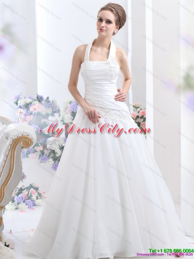 2015 Halter Top Maternity Wedding Dress with Ruching and Hand Made Flowers