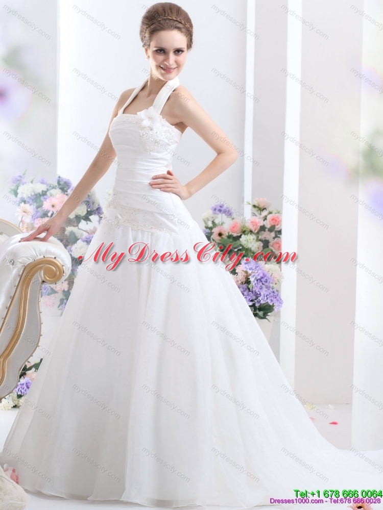 2015 Halter Top Maternity Wedding Dress with Ruching and Hand Made Flowers