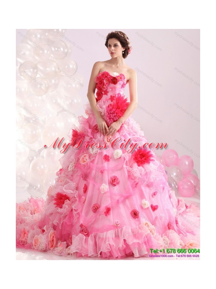 Multi Color Strapless colored Wedding Gown with Hand Made Flower and Chapel Train